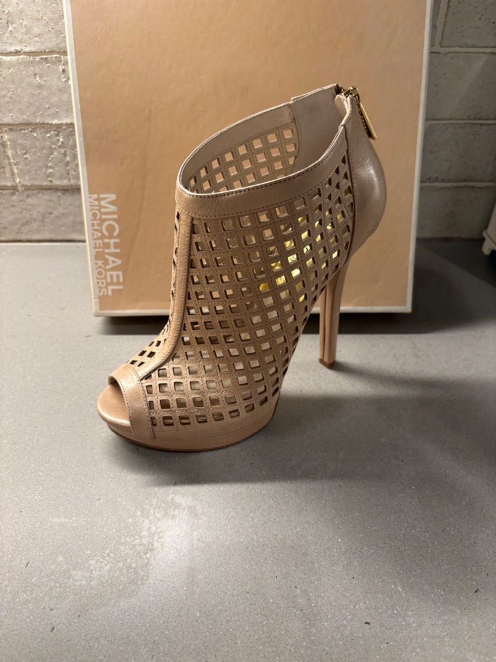 Michael Kors Taupe Open-Grid Peep-Toe Stiletto Bootie